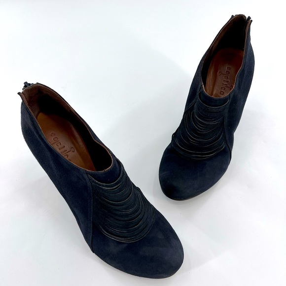 COCLICO SHOES Navy Blue SUEDE FRINGE WEDGE BOOTIES size 38.5 US 8 - Picture 14 of 16